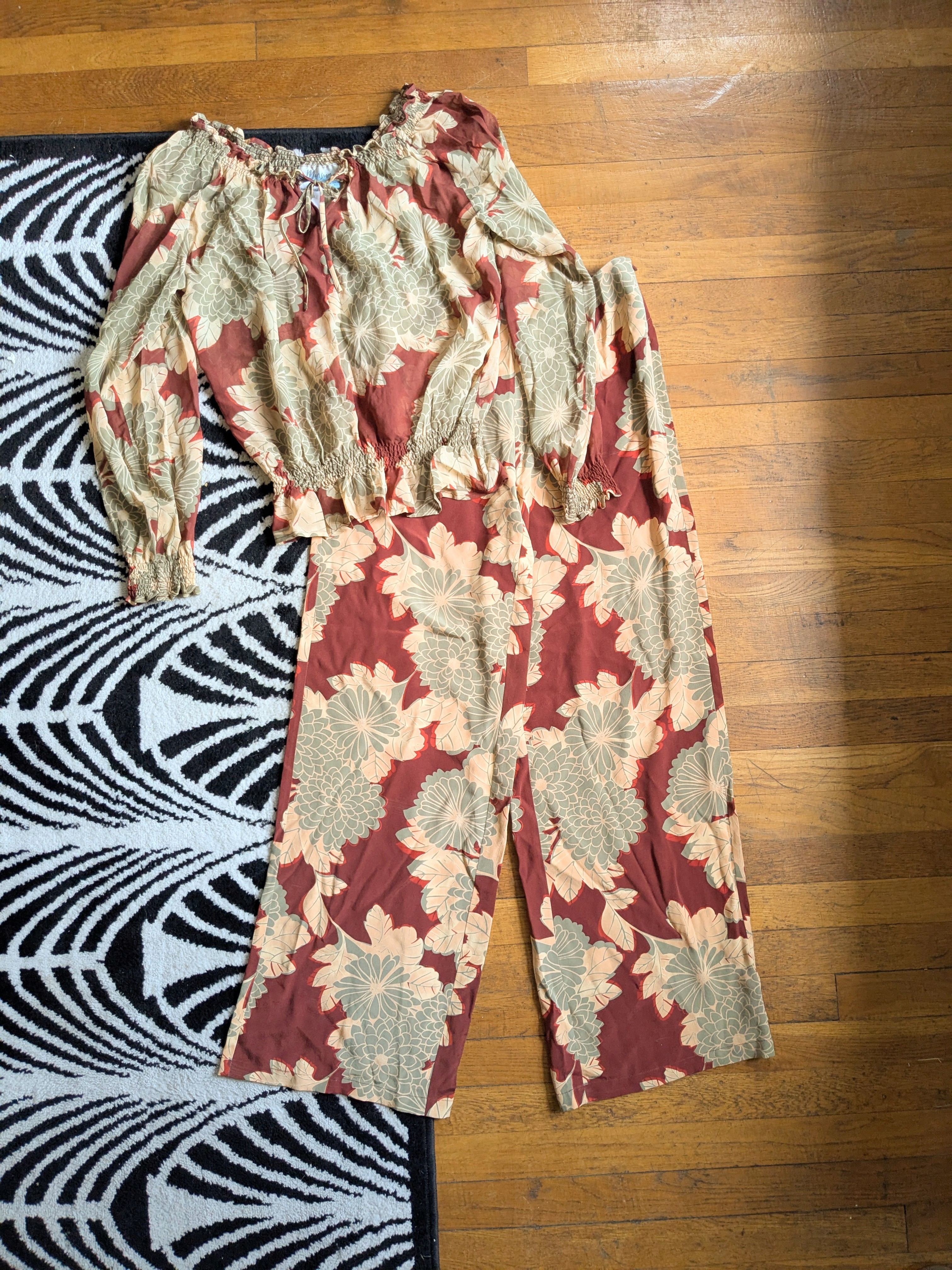 Maroon, Tan, And Sage Green Flowy Floral Silk Set